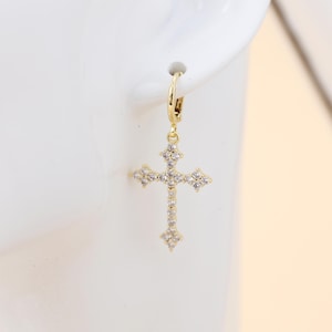 Dainty Cross Diamond Earrings, Pave CZ Diamond Cross Earrings, Cross Dangle Earrings for Women, Religious Gift, Gift for Mom,Gift for her