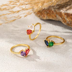 Custom Heart Birthstone Ring, Personalized 2 Birthstone Ring, Stackable Ring, Birthday Gift for Her, Mother&#39;s Day Gift, Personalized Jewelry