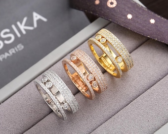 Anello con tre perle in pavé di zirconi cubici, placcato in oro 18 carati, impilabile, regalo da donna