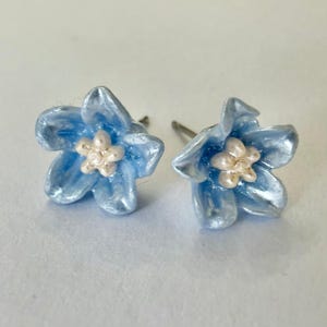 May include: A pair of light blue flower stud earrings with a silver post. The flower petals are a soft blue with a white centre. The earrings are a delicate floral design.