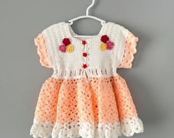 Handmade Crochet Baby Dress Peach, Floral Spring Outfit, 9-12 Months