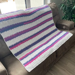 Purple & Pink Striped Knit Afghan with Subtle Glitter | Handmade Crochet Throw Blanket | Girls Room Decor Gift Pink and Purple