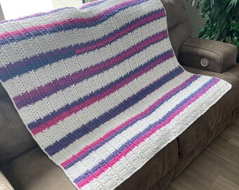 Purple & Pink Striped Knit Afghan with Subtle Glitter | Handmade Crochet Throw Blanket | Girls Room Decor Gift Pink and Purple
