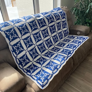 Blue Afghan Handmade Crotchet Granny Square Blanket | Cottagecore Afghan Home Decor Blanket Housewarming Gift Vintage Wedding Gift