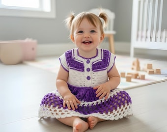 Crochet Baby Dress, Purple and White Knit Baby Girl Outfit, Vintage Inspired Newborn Dress, Handmade Baby Shower Gift, Baby Girl Clothing