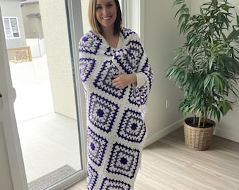 Handmade Purple Granny Square Afghan, Crochet Throw Blanket for Sofa or Bed, Vintage-Inspired Cozy Lap Blanket, Housewarming Gift Idea
