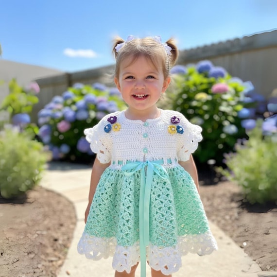 Crochet Green Floral Baby Dress | Mint Green & White Handmade Baby Girl Outfit with Ribbon Tie | Baby Shower Gift, Newborn Photo Dress Crochet Green Floral Baby Dress | Mint Green & White Handmade Baby Girl Outfit with Ribbon Tie | Baby Shower Gift, Newborn Photo Dress
