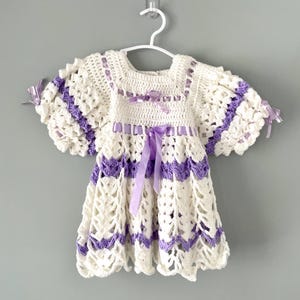 Crochet Purple Baby Dress | Handmade Vintage Knit Cream & Lavender Lace Dress Baby Shower Gift Special Occasion Outfit Shower Gift for Girl