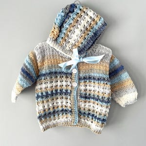 Brown, Blue Baby Sweater and Bonnet Set | Knit Hooded Cardigan | Two Piece Newborn Toddler Boy Outfit | Striped Wool Jacket Baby Shower Gift