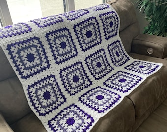 Purple Granny Square Afghan Handmade Purple & White Crotchet Blanket Handmade Throw Blanket for Sofa Bed Housewarming Gift Heirloom Vintage
