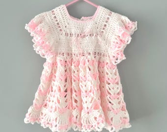 Pink Crochet Baby Dress | White & Pink Lace Handmade Dress | Vintage Baby Girl Outfit | Baby Shower Gift | Special Occasion Dress
