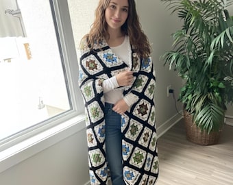 Floral Oma Square Decke Handmade Crochet Knit Afghan | Blau Grün Braun Erdtöne Dekor Vintage Cottagecore Geschenk werfen