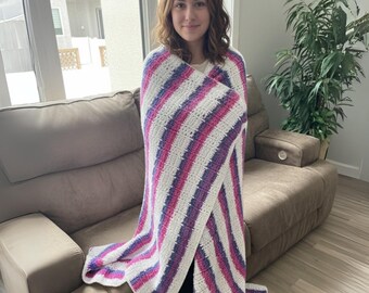 Purple & Pink Striped Knit Afghan with Subtle Glitter | Handmade Crochet Throw Blanket | Girls Room Decor Gift Pink and Purple