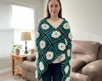 Oma quadratische Decke häkeln | Handgemachte dunkelgrüne und weiße Blume Afghan | Baby Geschenk oder Kinderzimmer Dekor Home Decor Baby Geschenk
