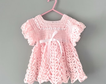 Crochet Pink Baby Dress | Light Pink Lace Dress with Ribbon Bow | Baby Shower Gift Coming Home Outfit Dress | Baby Gift Girls Birthday