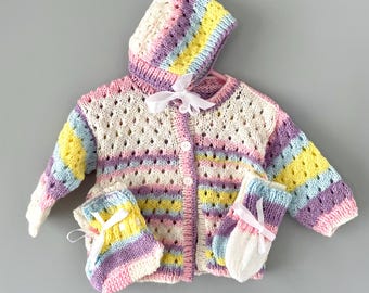 Handmade Spring Baby Outfit Knit 4 Piece Set | Pastel Yellow Pink Purple Striped Sweater, Bonnet, Booties, Mittens Newborn Gift for Girls