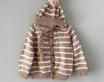 Brown Knit Baby Sweater & Hat Set | 2 Pc Brown Striped Cardigan and Pom Pom Hat | Handmade Gift for Baby Shower Gift Cottagecore
