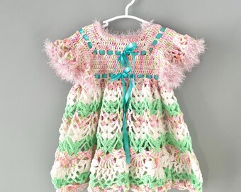 Crochet Baby Girl Dress, Pastel Green & Pink Heirloom Outfit with Floral Appliqué