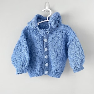 Blue Knit Baby Outfit | Blue Button-Up Sweater Hoodie | Newborn to Toddler Crotchet Sweater | Baby Shower Gift