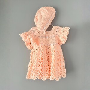 Peach Crochet Baby Dress & Bonnet Set | Girls Vintage Orange Outfit Set Heirloom Baby Shower Gift image 1
