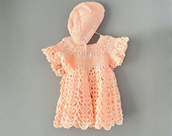 Peach Crochet Baby Dress & Bonnet Set | Girls Vintage Orange Outfit Set Heirloom Baby Shower Gift