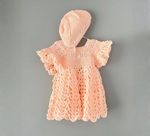Peach Crochet Baby Dress & Bonnet Set | Girls Vintage Orange Outfit Set Heirloom Baby Shower Gift