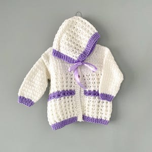 Purple Handmade Crochet Baby Sweater and Bonnet 2 Piece Set | White & Purple Striped Knit Jacket | Newborn Outfit | Baby Shower Gift Girls