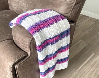 Purple & Pink Striped Knit Afghan | Handmade Crochet Throw Blanket | Girls Room Decor Gift Pink and Purple