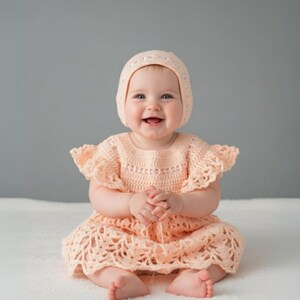 Peach Crochet Baby Dress & Bonnet Set | Girls Vintage Orange Outfit Set Heirloom Baby Shower Gift image 2