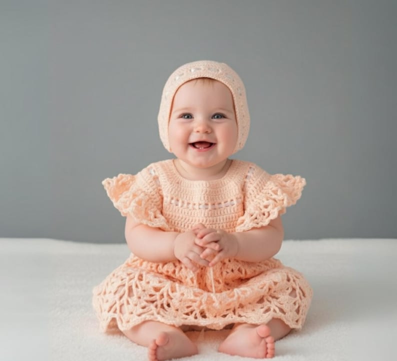 Peach Crochet Baby Dress & Bonnet Set | Girls Vintage Orange Outfit Set Heirloom Baby Shower Gift image 2