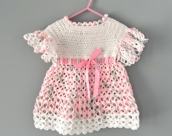 Pink Crochet Baby Dress | Pink and White Lace Dress with Ribbon | Newborn Girl Outfit | Baby Shower Gift Knit Dress Baby Gift for Girls