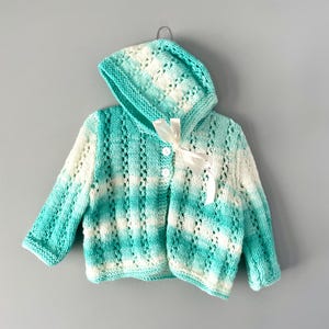 Handmade Knit Baby Sweater and Bonnet Set Teal & White Hooded Cardigan Two Piece Set | Knitwear Newborn Winter Outfit Baby Shower Gift