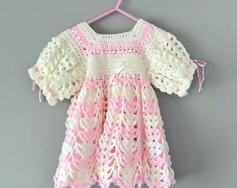 Handmade Crochet Baby Dress | Vintage Pink & Cream Lace Dress Baby Shower Gift for Girls Special Occasion Outfit Knit Dress Heirloom Outfit