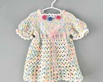 Pastel Crochet Dress for Baby Girls, Heirloom Gift Handmade Outfit with Floral