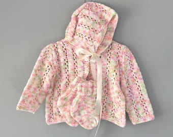 Pink Baby Outfit Handmade Knit Sweater Set 3 Piece Pastel Pink Cardigan, Bonnet & Booties Set Newborn Outfit Baby Shower Gift for Girl