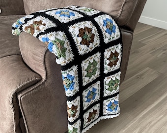 Oma Square Decke Handmade Crochet Knit Afghan | Blau Grün Braun Erdtöne Dekor Vintage Cottagecore Geschenk werfen