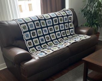Floral Oma Square Decke Handmade Crochet Knit Afghan | Blau Grün Braun Erdtöne Dekor Vintage Cottagecore Geschenk werfen