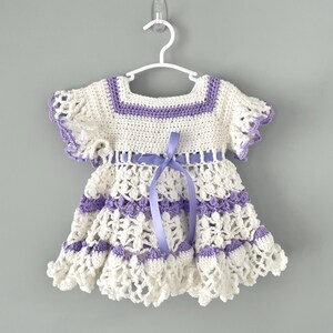 Purple Crochet Baby Dress | White & Purple Baby Outfit | Vintage-Inspired Baby Dress | Newborn Photo Prop | Handmade Baby Shower Gift