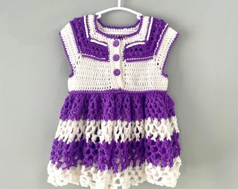 Crochet Baby Dress | Purple & White Knit Baby Outfit | Vintage Inspired Baby Girl Dress | Newborn Baby Girl Shower Gift