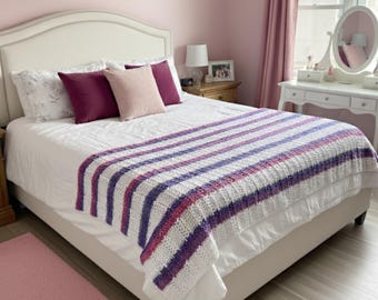 Girls Room Decor | Purple & Pink Striped Knit Afghan with Subtle Glitter | Handmade Crochet Throw Blanket