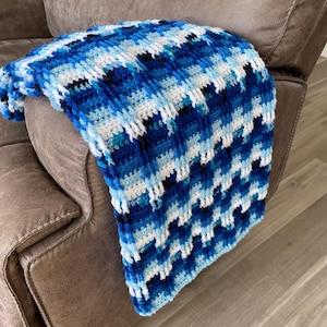Blue Crochet Afghan Handmade | Navy Ombre Blue Striped Throw Blanket Rustic Decor & Gift for Him Blue Home Decor Blanket Housewarming Gift