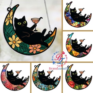 Black Cat on Moon Acrylic Suncatcher, Black Cat Sun Catcher Ornament, Gift For Cat Lover, Home Decor Gift, Cat Mom Gift, Indoor Decor