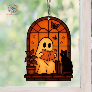 Ghost and Black Cat Suncatcher,Halloween Ghost Reading Book Suncatcher,Acrylic Window Hanging, Reading Book Sun Catcher,Book Lover Gift