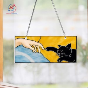 Black Cat Suncatcher Stained Glass Window Panel | Cat Paw Reaching Hand | Hanging Glass Art Gift for Cat Lovers Home Decor