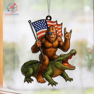 Sasquatch Sunset Stained Glass, Bigfoot Hanging Decor,Sasquatch Alligator Decor,Sasquatch Suncatcher Gift,Alligator Suncatcher,Bigfoot Decor
