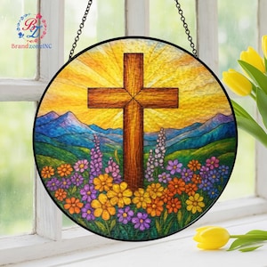 Cross Wild Flower Stained Glass Suncatcher, Cross Sunset Window Hanging, Flower Cross Gift For Religious, Christian Cross Windows Hanging