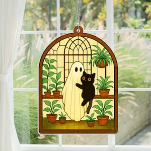 Cute Ghost Plant And Black Cat Suncatcher, Halloween Ghost ACRYLIC Suncatcher, Halloween Decor, Hangings Plant Lover Gift, Black Cat Lover