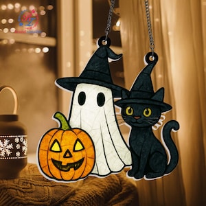 Cute Ghost and Black Cat Suncatcher, Ghost Acrylic Window Hanging,Halloween Suncatcher, Halloween Gift,Ghost Ornament,Gothic Halloween Decor