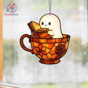 Custom Cute Ghost Reading Book ACRYLIC Ornament, Teacup Acrylic Window Hanging, Halloween Bookish Gift,Spooky Bathroom Decor,Book Suncatcher