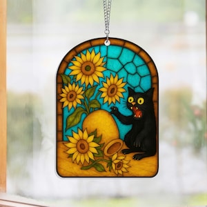 Black Cat Suncatcher, Black Cat Stained Glass Window Hanging Glass Wall Decor, Black Cat Window Decor, Cat Lover Gift, Black Cat Decor Gift